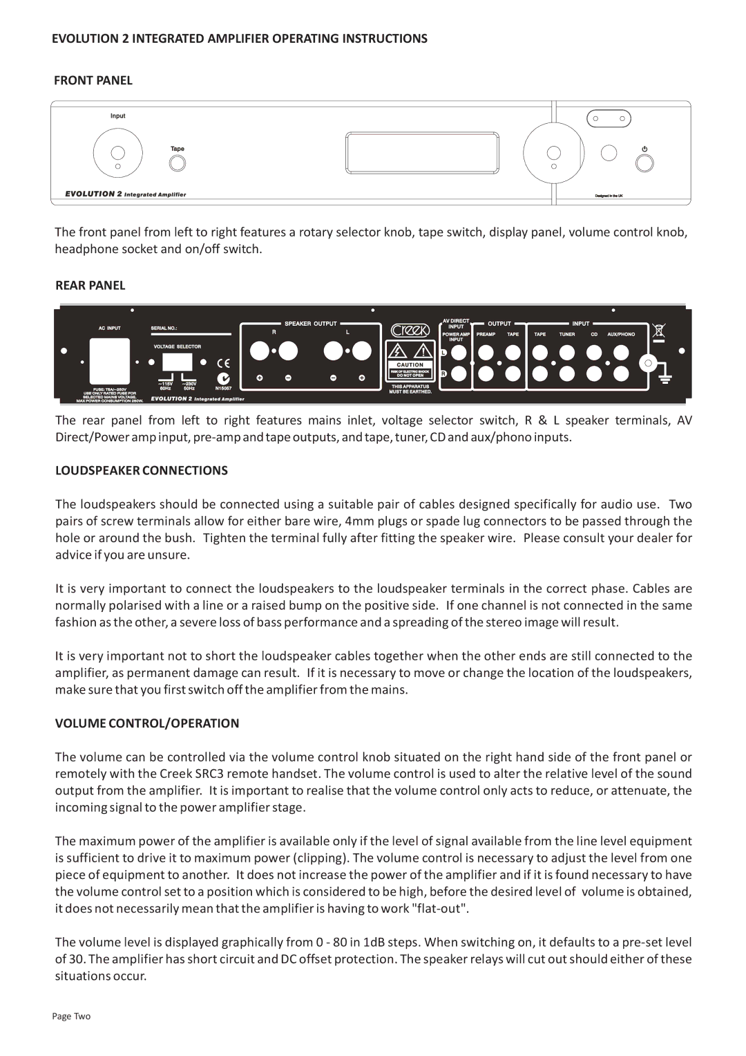 Creek Audio Evolution 2 operating instructions Rear Panel, Loudspeaker Connections, Volume CONTROL/OPERATION 