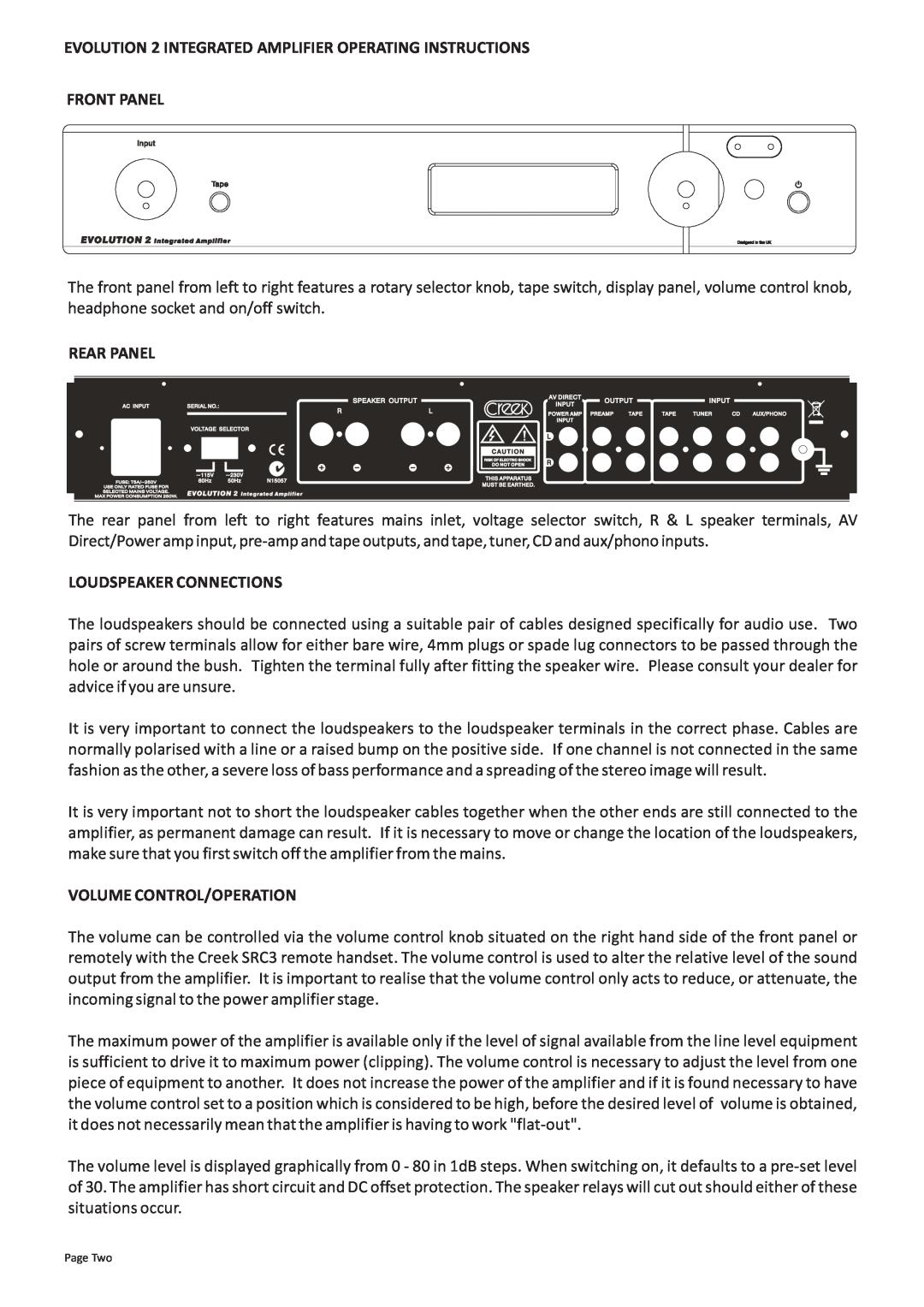 Creek Audio Evolution 2 Front Panel, Rear Panel, Loudspeaker Connections, Volume Control/Operation, Page Two 