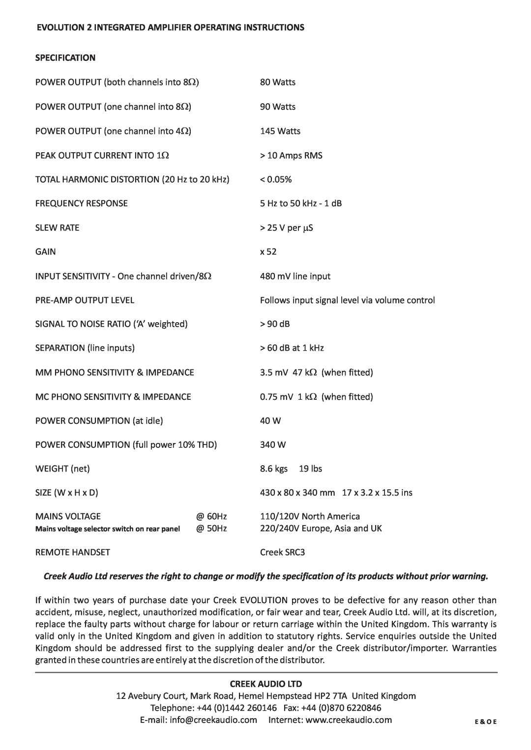 Creek Audio Evolution 2 operating instructions Specification 