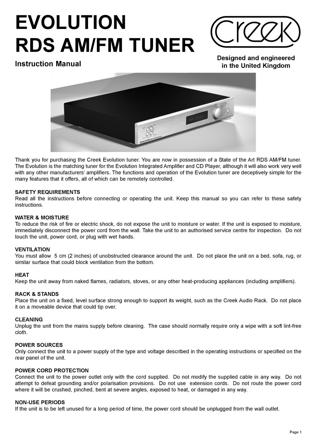 Creek Audio Evolution RDS instruction manual Safety Requirements, Water & Moisture, Ventilation, Heat, Rack & Stands 