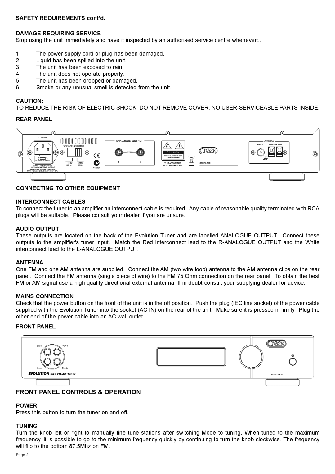 Creek Audio Evolution RDS instruction manual Damage Requiring Service, Audio Output, Antenna, Mains Connection, Tuning 