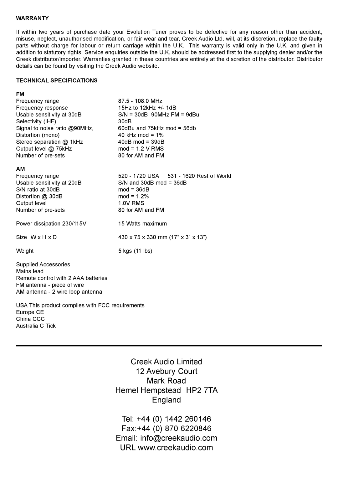 Creek Audio Evolution RDS instruction manual Warranty Technical Specifications 