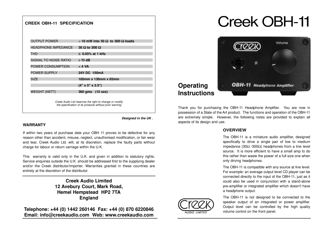 Creek Audio OBH-11 Black warranty Operating Instructions, Creek OBH-11 Specification, Overview, Warranty 