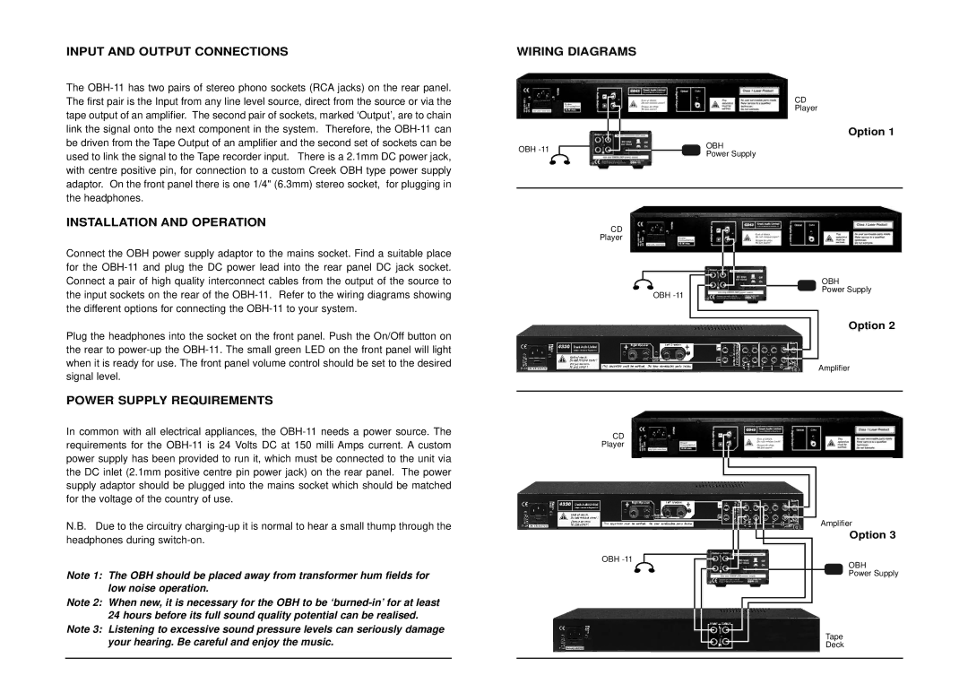 Creek Audio OBH-11 Black warranty Input and Output Connections, Wiring Diagrams, Installation and Operation 