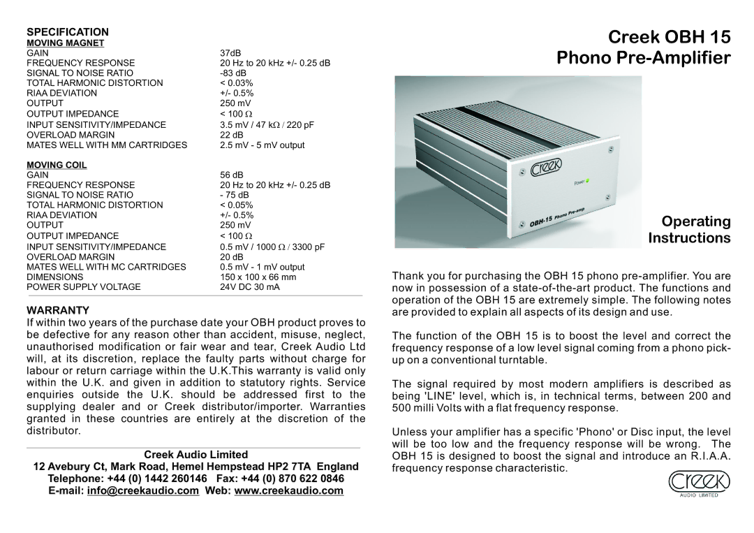 Creek Audio OBH 15 dimensions Creek OBH Phono Pre-Amplifier, Operating Instructions, Specification, Warranty 