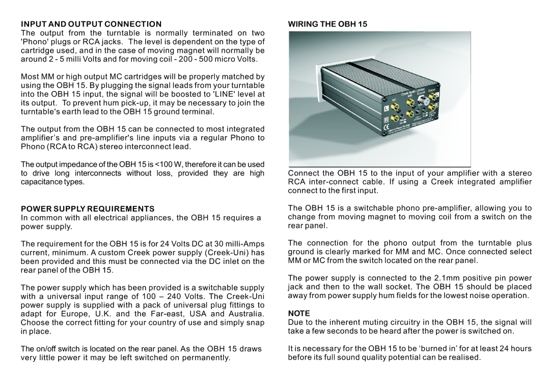 Creek Audio OBH 15 dimensions Input and Output Connection, Power Supply Requirements, Wiring the OBH 