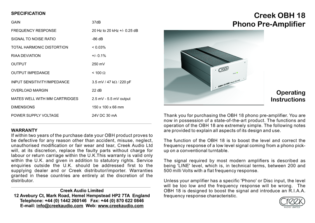 Creek Audio OBH 18 dimensions Creek OBH Phono Pre-Amplifier, Operating Instructions, Specification, Warranty 