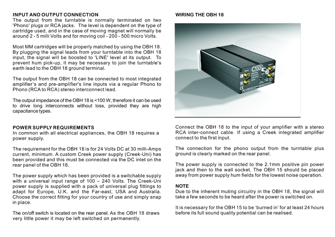 Creek Audio OBH 18 dimensions Input and Output Connection, Power Supply Requirements, Wiring the OBH 