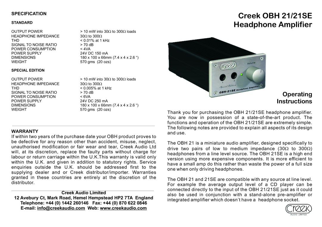 Creek Audio OBH 21 dimensions Specification, Warranty, Standard, Special Edition 