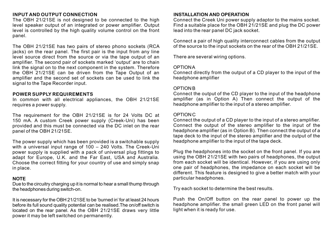 Creek Audio OBH 21 dimensions Input and Output Connection, Power Supply Requirements, Installation and Operation 