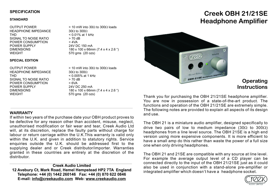 Creek Audio OBH 21 dimensions Specification, Warranty, Creek Audio Limited, Telephone +44 0 1442 260146 Fax +44 