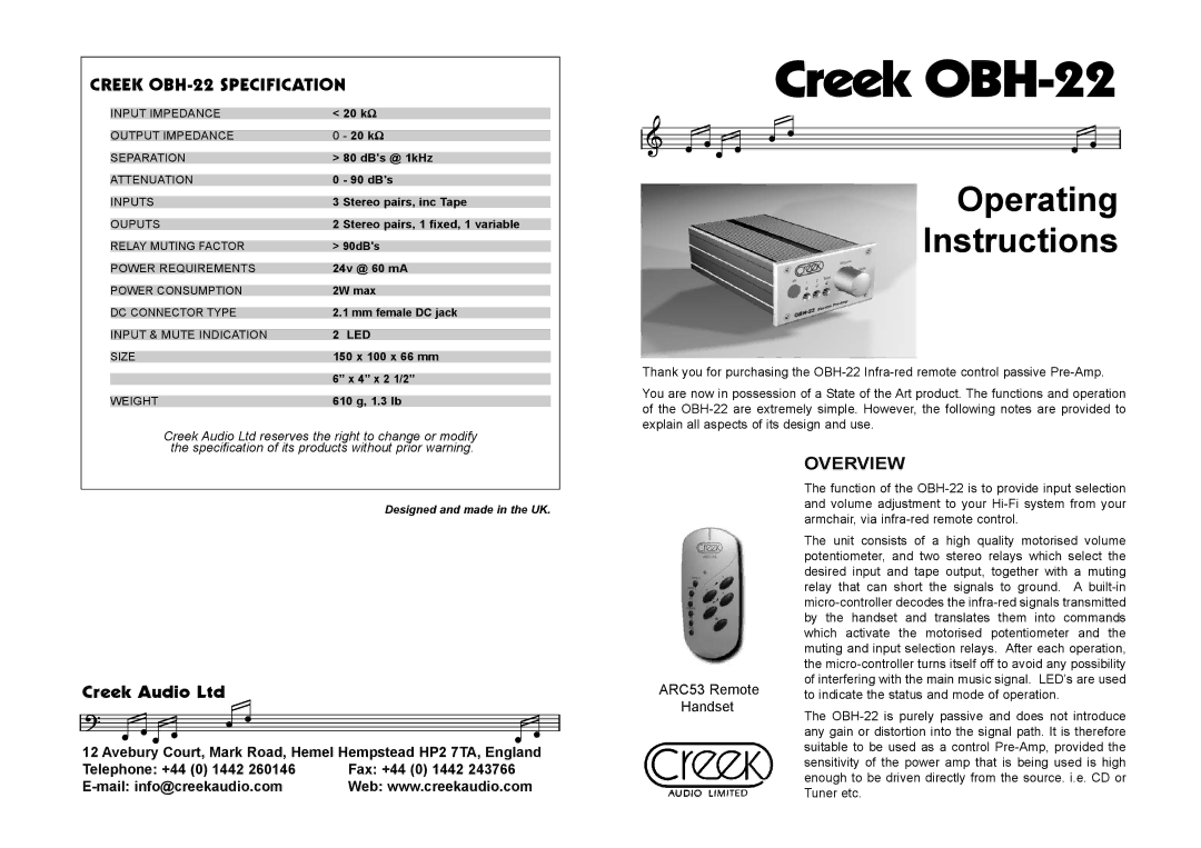 Creek Audio OBH22 manual Operating Instructions, Creek OBH-22 Specification, Overview 