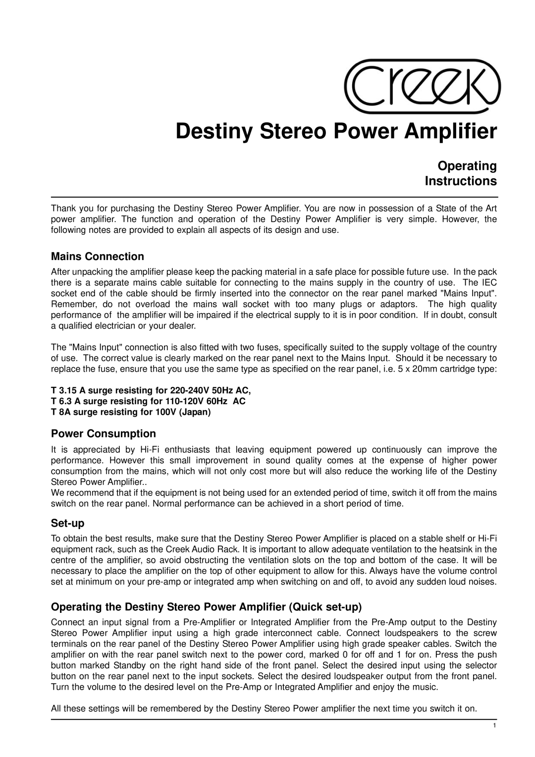 Creek Audio Stereo Power Amplifier manual Mains Connection, Power Consumption, Set-up 