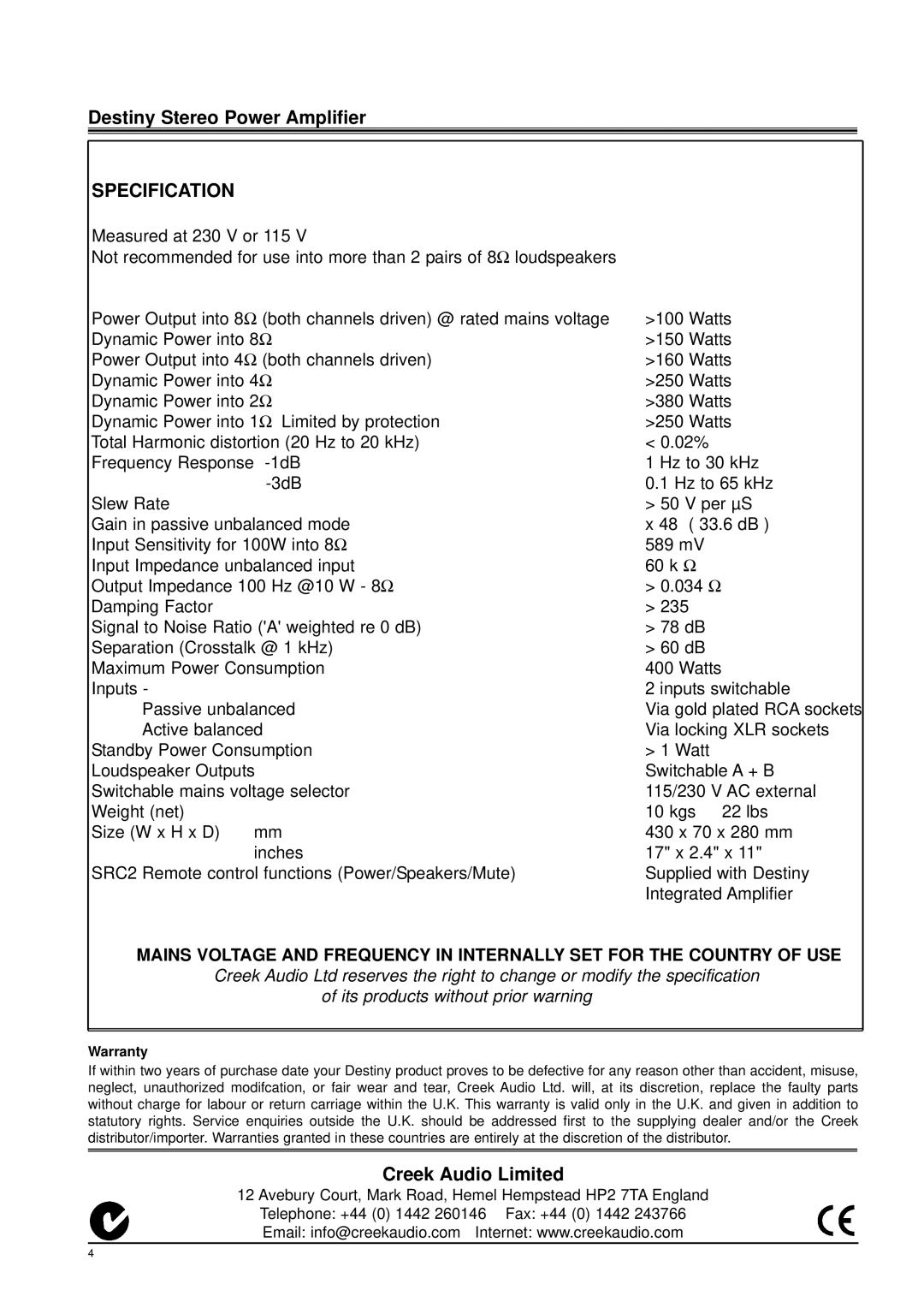 Creek Audio Stereo Power Amplifier manual Specification, Creek Audio Limited 