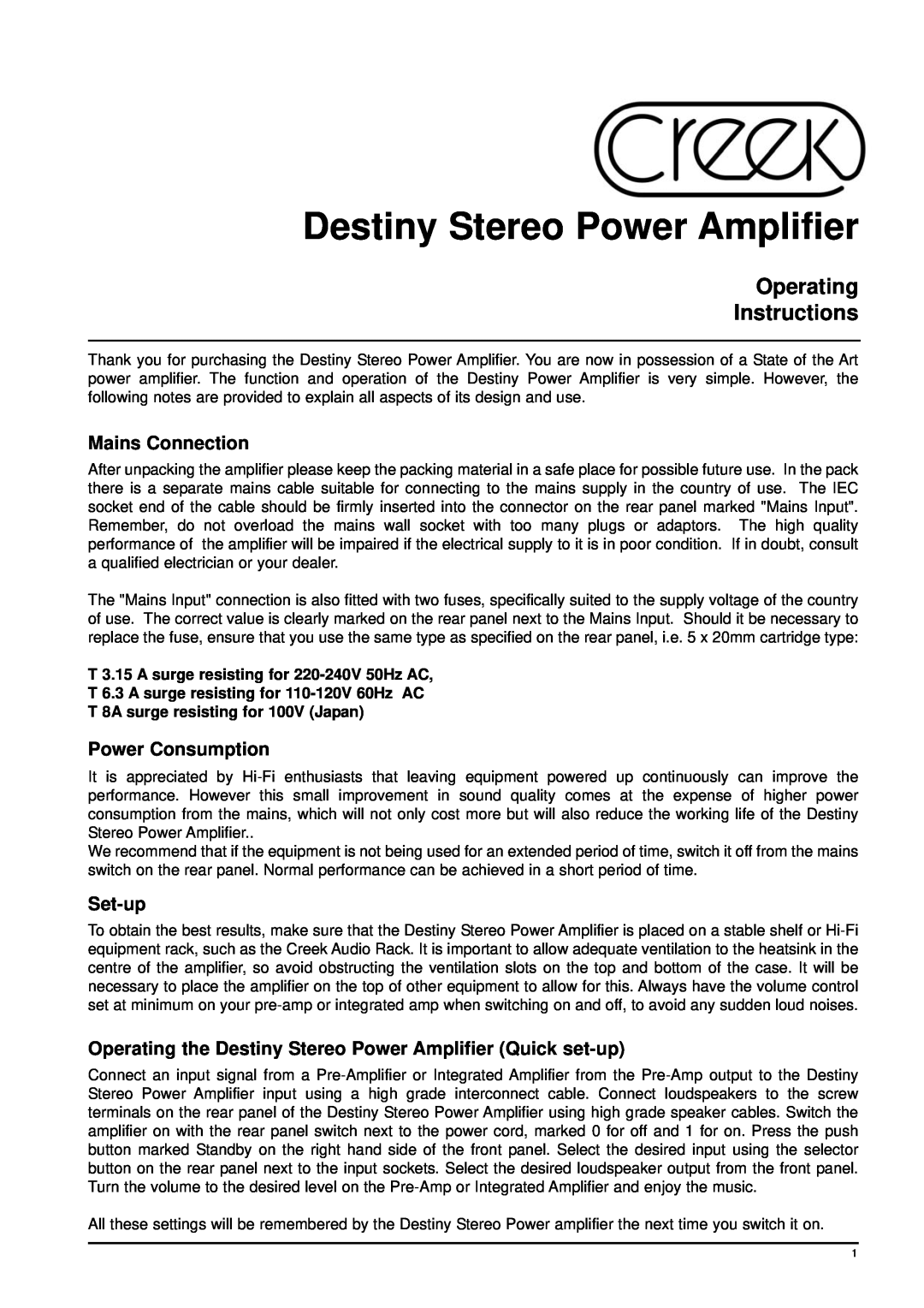 Creek Audio manual Mains Connection, Power Consumption, Set-up, Destiny Stereo Power Amplifier, Operating Instructions 