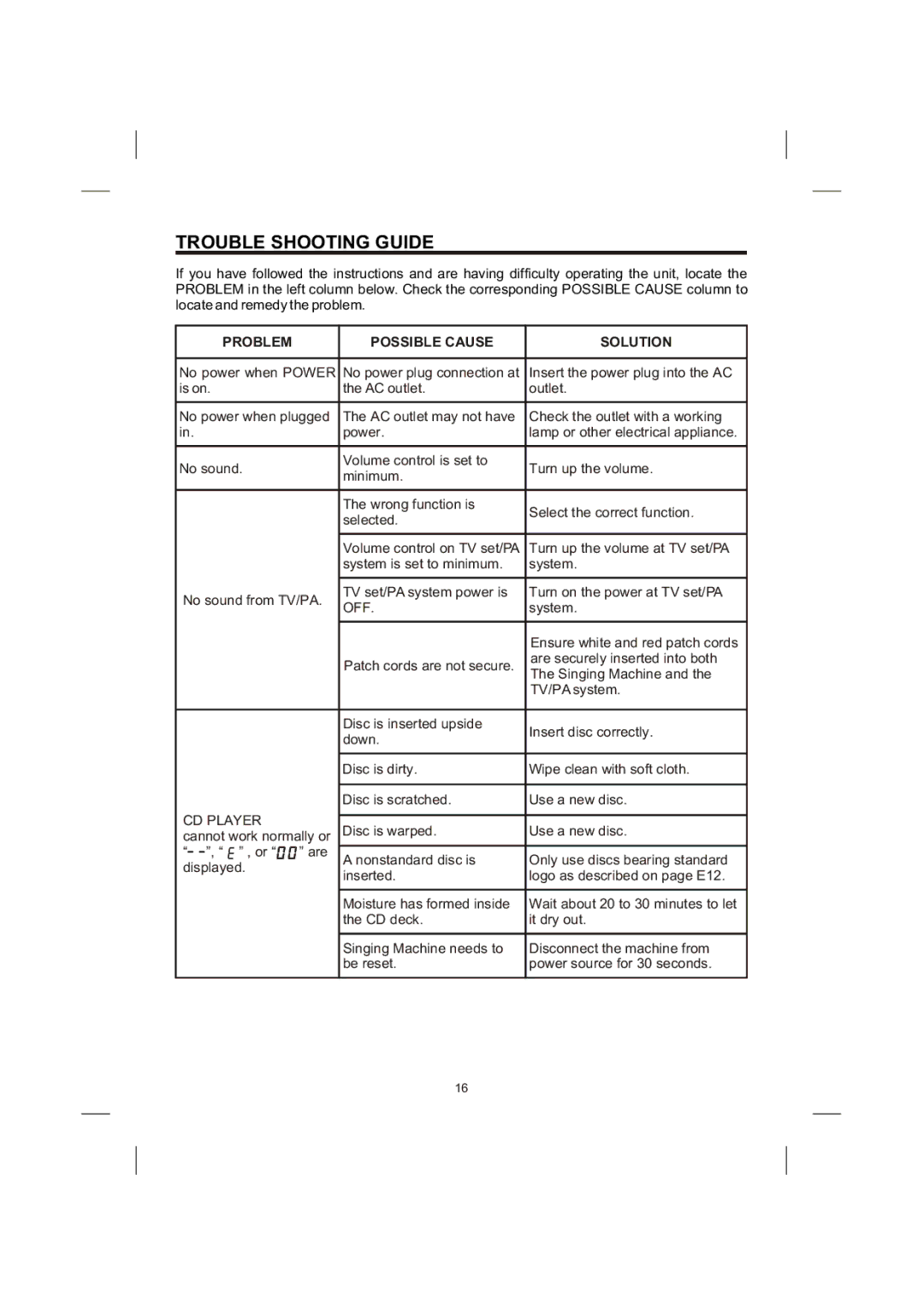 Creek Audio STVG-989 instruction manual Trouble Shooting Guide, Problem Possible Cause Solution, Off, CD Player 