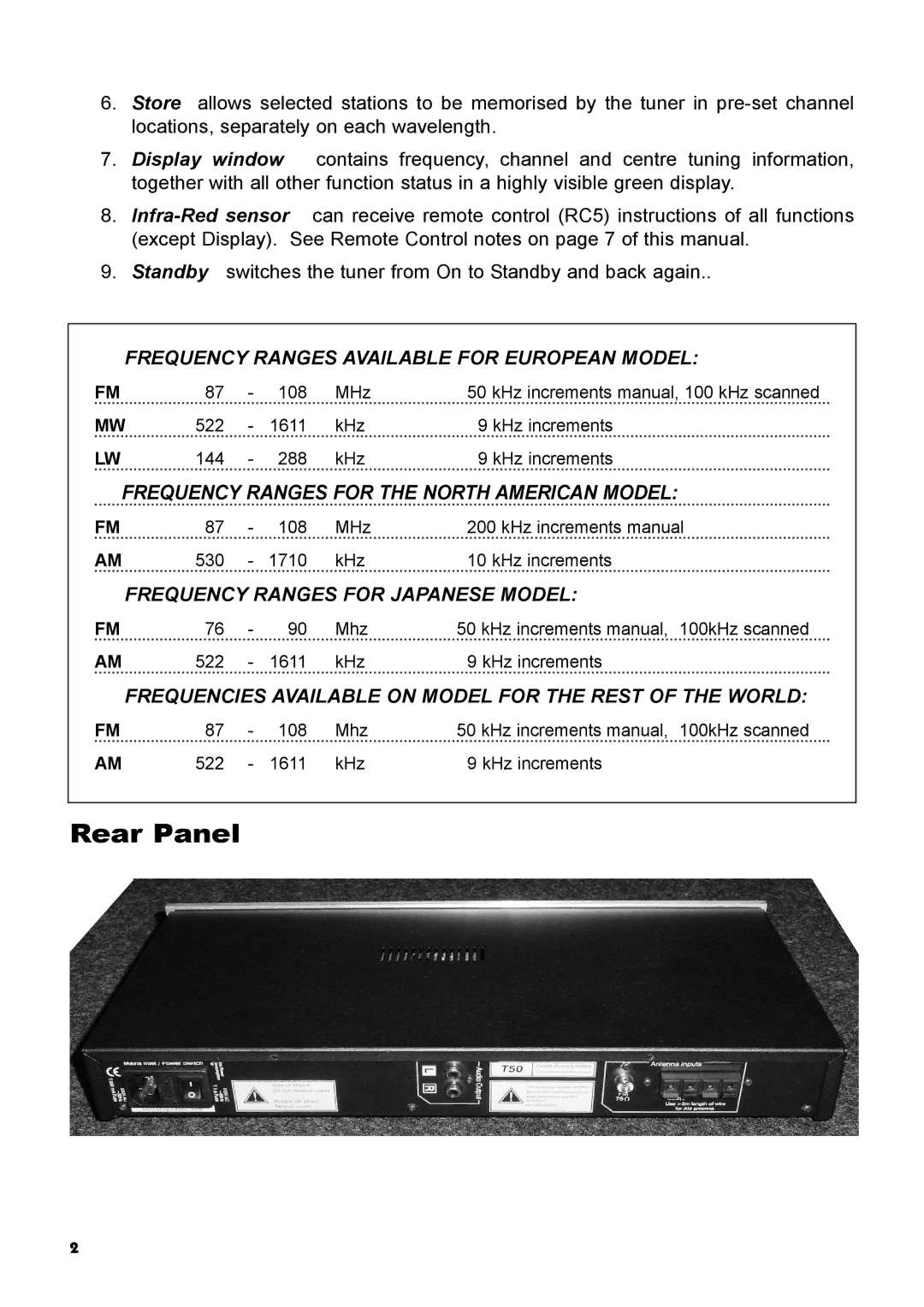 Creek Audio T50 manual Rear Panel, Frequency Ranges Available for European Model 