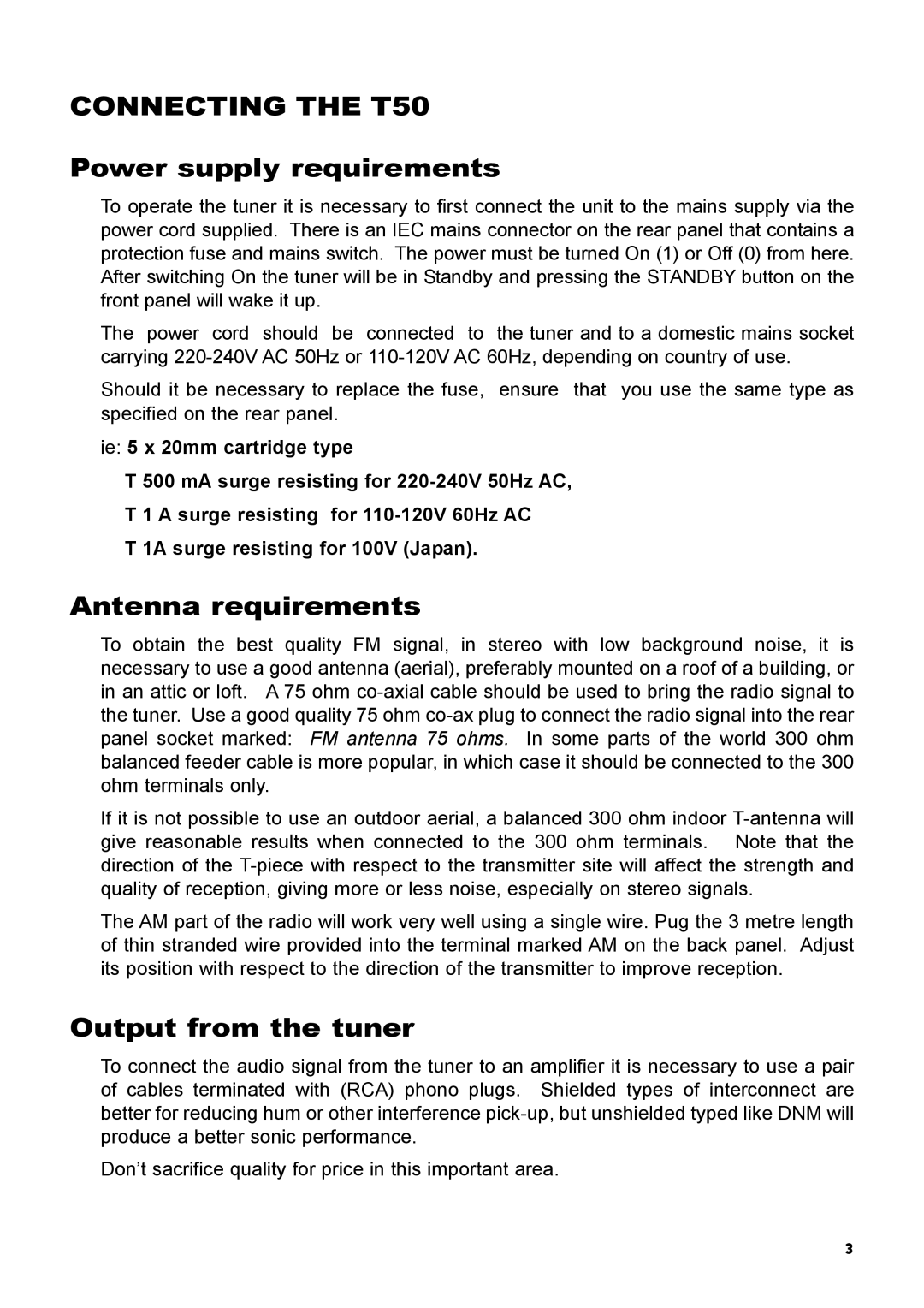 Creek Audio manual Connecting the T50, Power supply requirements, Antenna requirements, Output from the tuner 