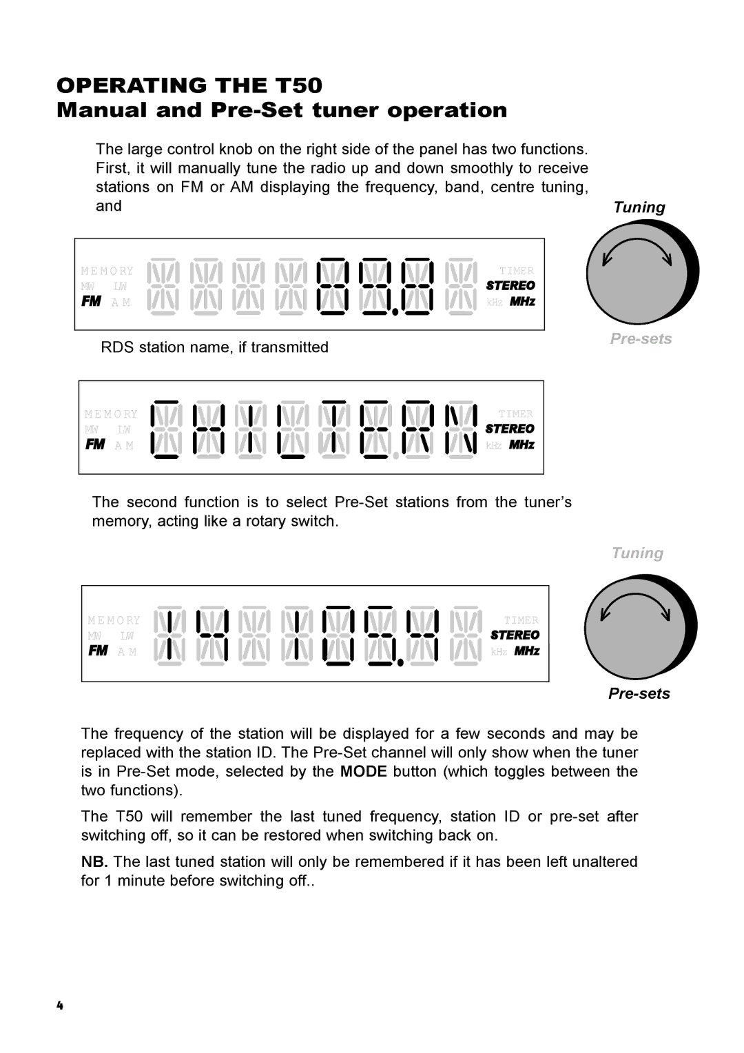 Creek Audio manual Operating the T50, Manual and Pre-Set tuner operation 