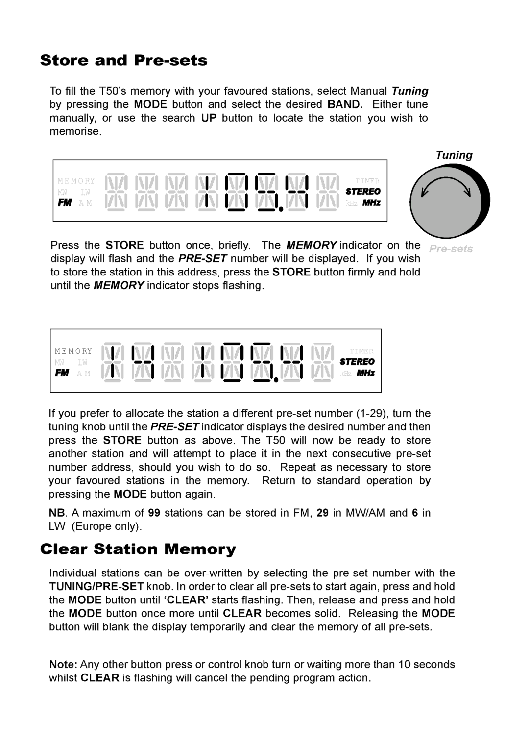 Creek Audio T50 manual Store and Pre-sets, Clear Station Memory 