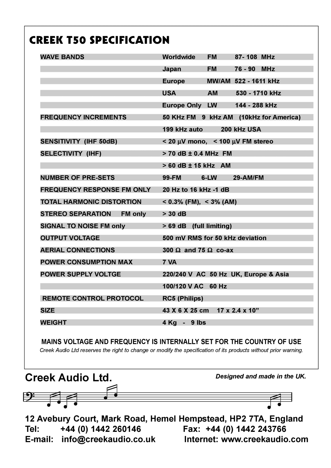 Creek Audio manual Creek T50 Specification 