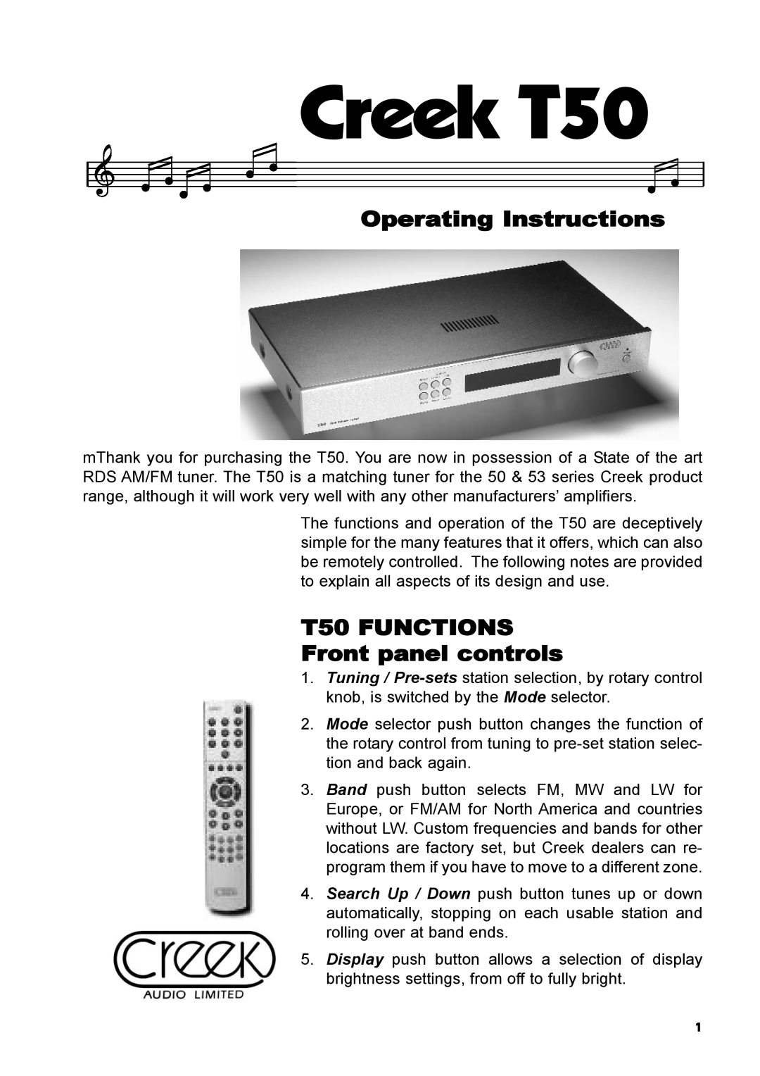 Creek Audio manual Operating Instructions, T50 FUNCTIONS Front panel controls, Creek T50 