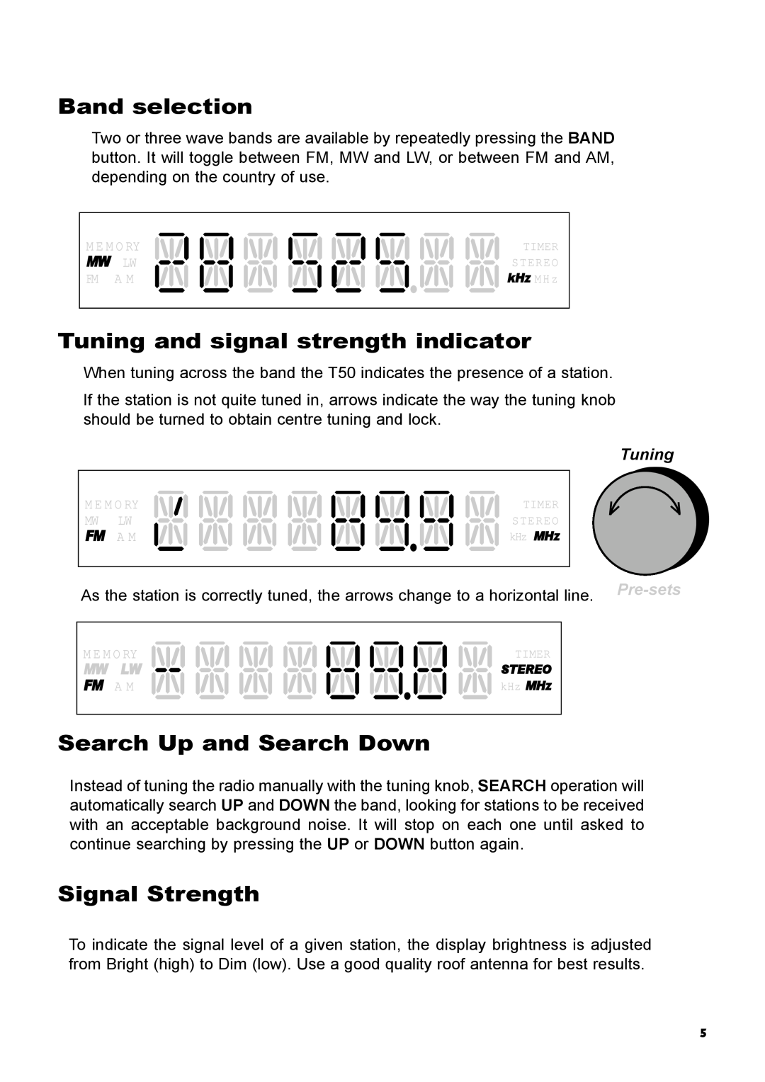 Creek Audio T50 manual Band selection, Tuning and signal strength indicator, Search Up and Search Down, Signal Strength 