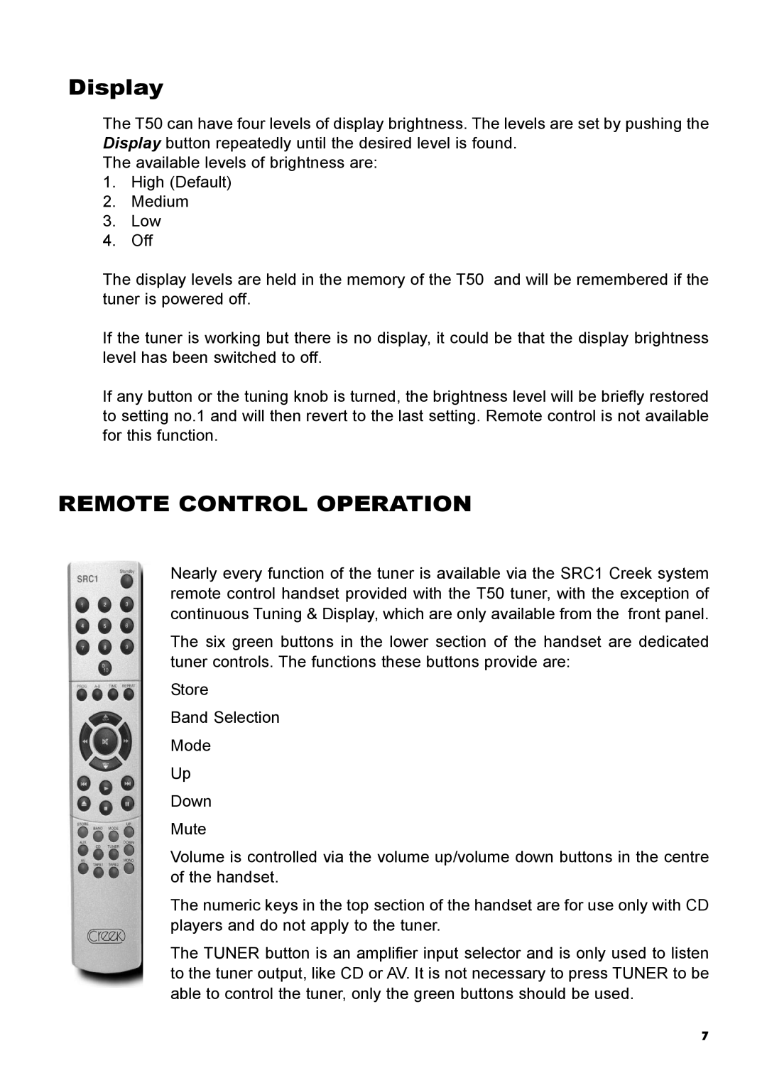 Creek Audio T50 manual Display, Remote Control Operation 