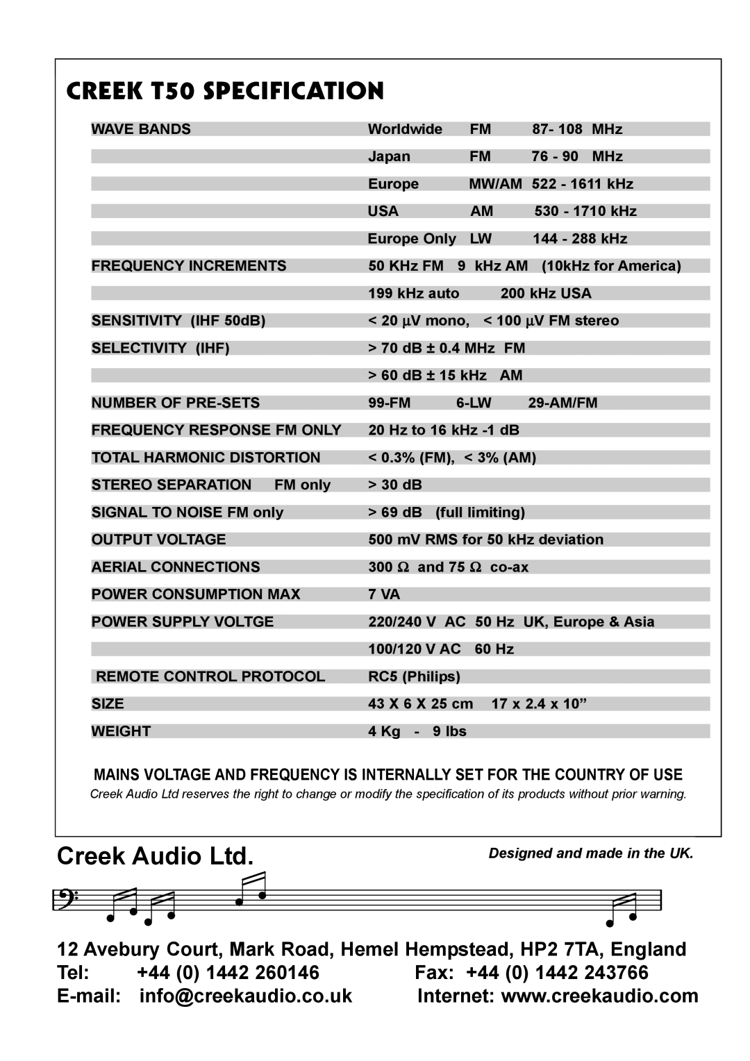 Creek Audio manual CREEK T50 SPECIFICATION, Fax +44, E-mail, info@creekaudio.co.uk, Designed and made in the UK 