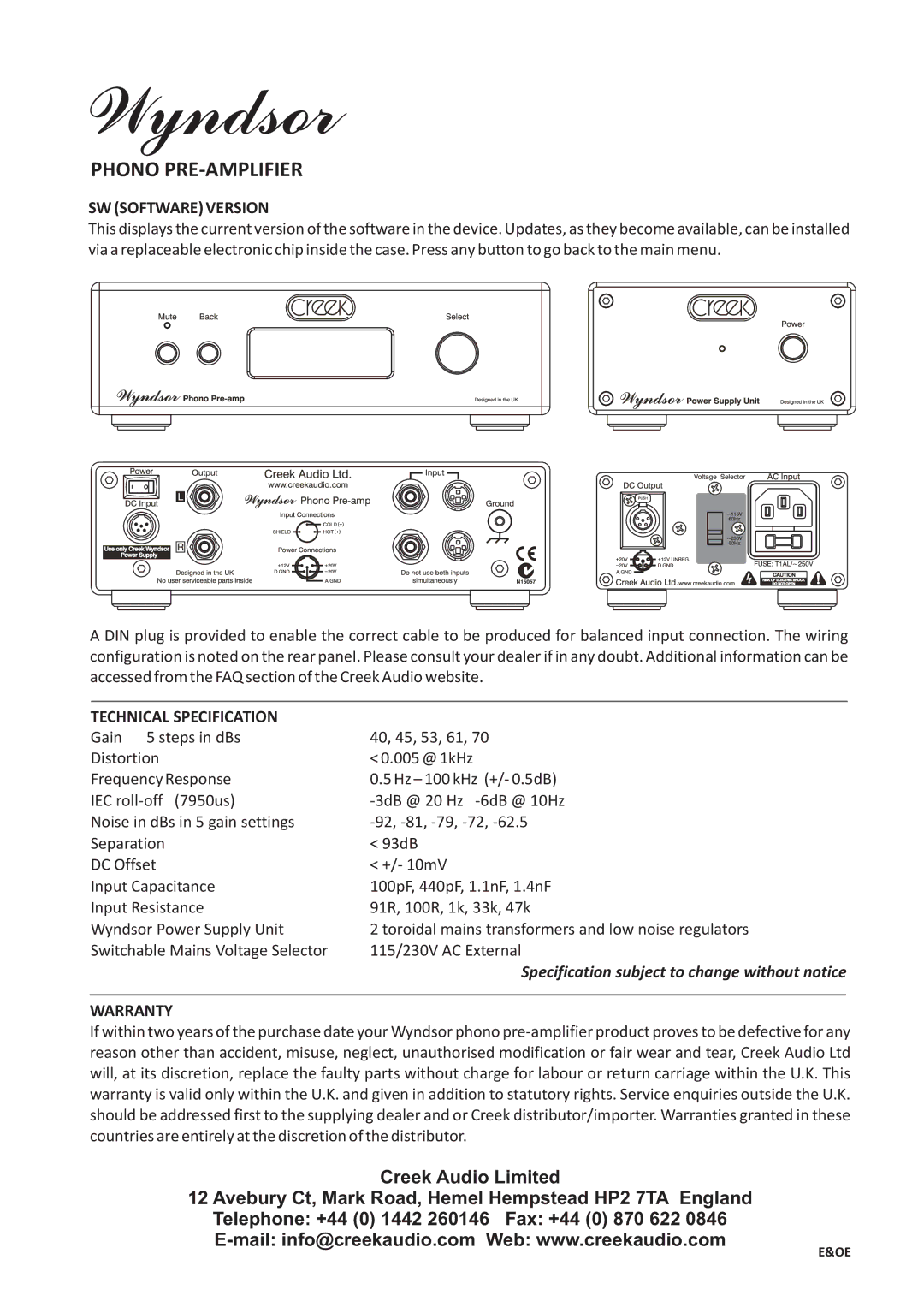 Creek Audio Wyndsor instruction manual SW Software Version, Technical Specification, Warranty 