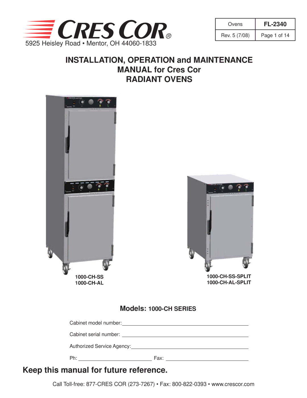 Cres Cor 1000-CH-SS manual INSTALLATION, Operation and Maintenance Manual for Cres Cor, Radiant Ovens, Ch-Ss-Split 