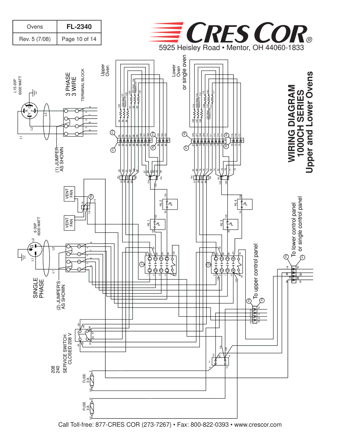 Cres Cor 1000-CH-AL, 1000-CH Series, 1000-CH-SS-SPLIT manual Wiring Diagram, 1000CH Series, Upper and Lower Ovens 