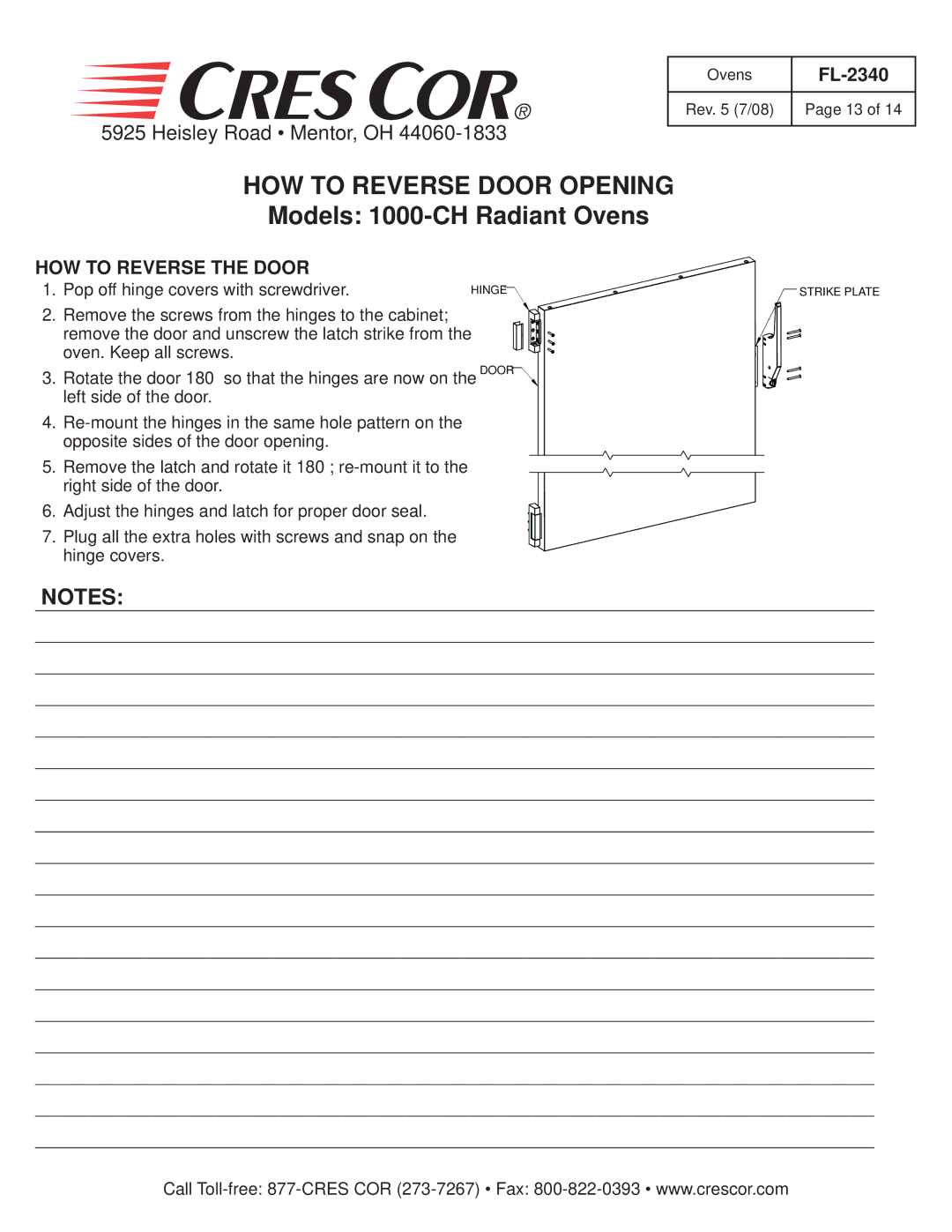 Cres Cor 1000-CH-SS-SPLIT, 1000-CH-AL HOW to Reverse Door Opening, Models 1000-CH Radiant Ovens, HOW to Reverse the Door 