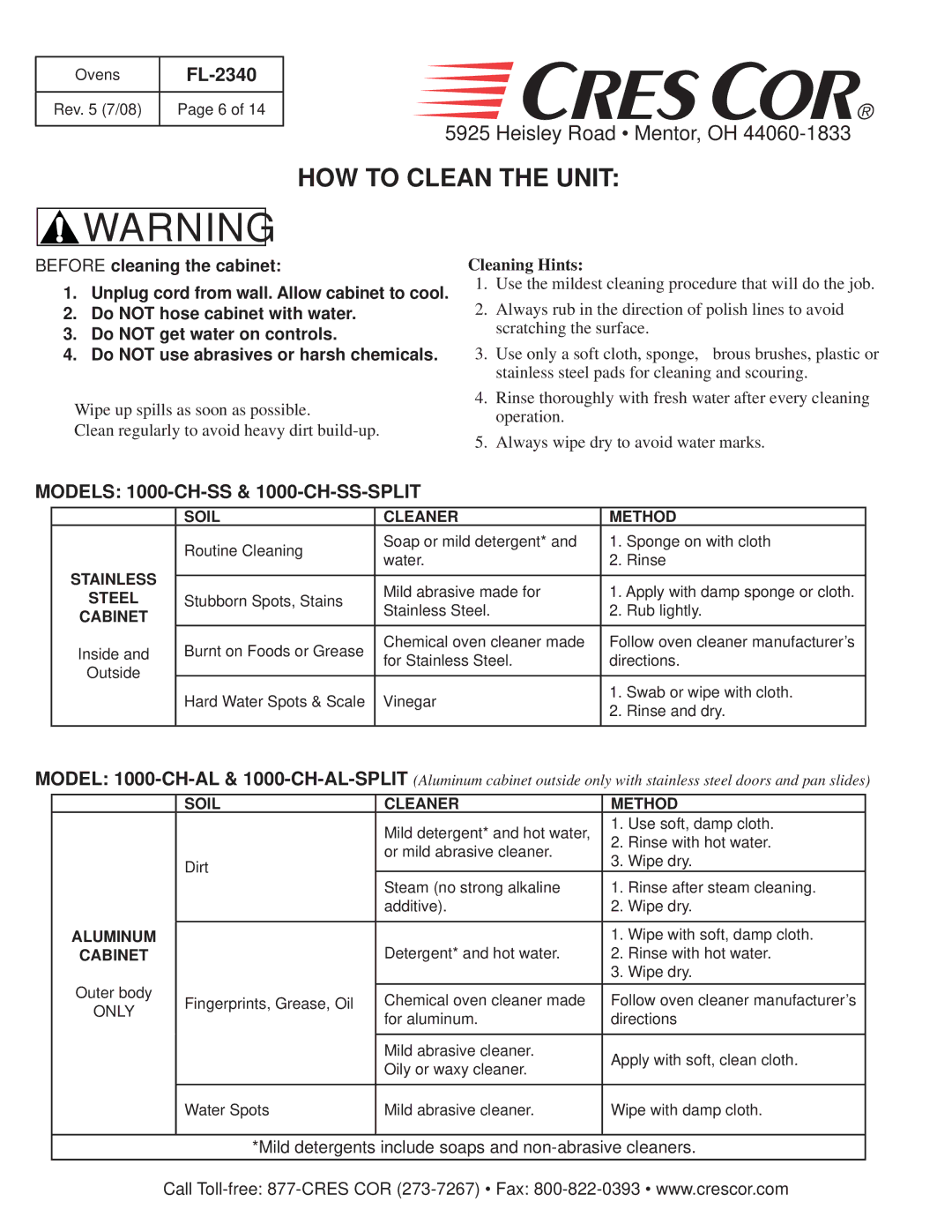 Cres Cor 1000-CH-AL, 1000-CH Series manual HOW to Clean the Unit, Models 1000-CH-SS & 1000-CH-SS-SPLIT, Cleaning Hints 