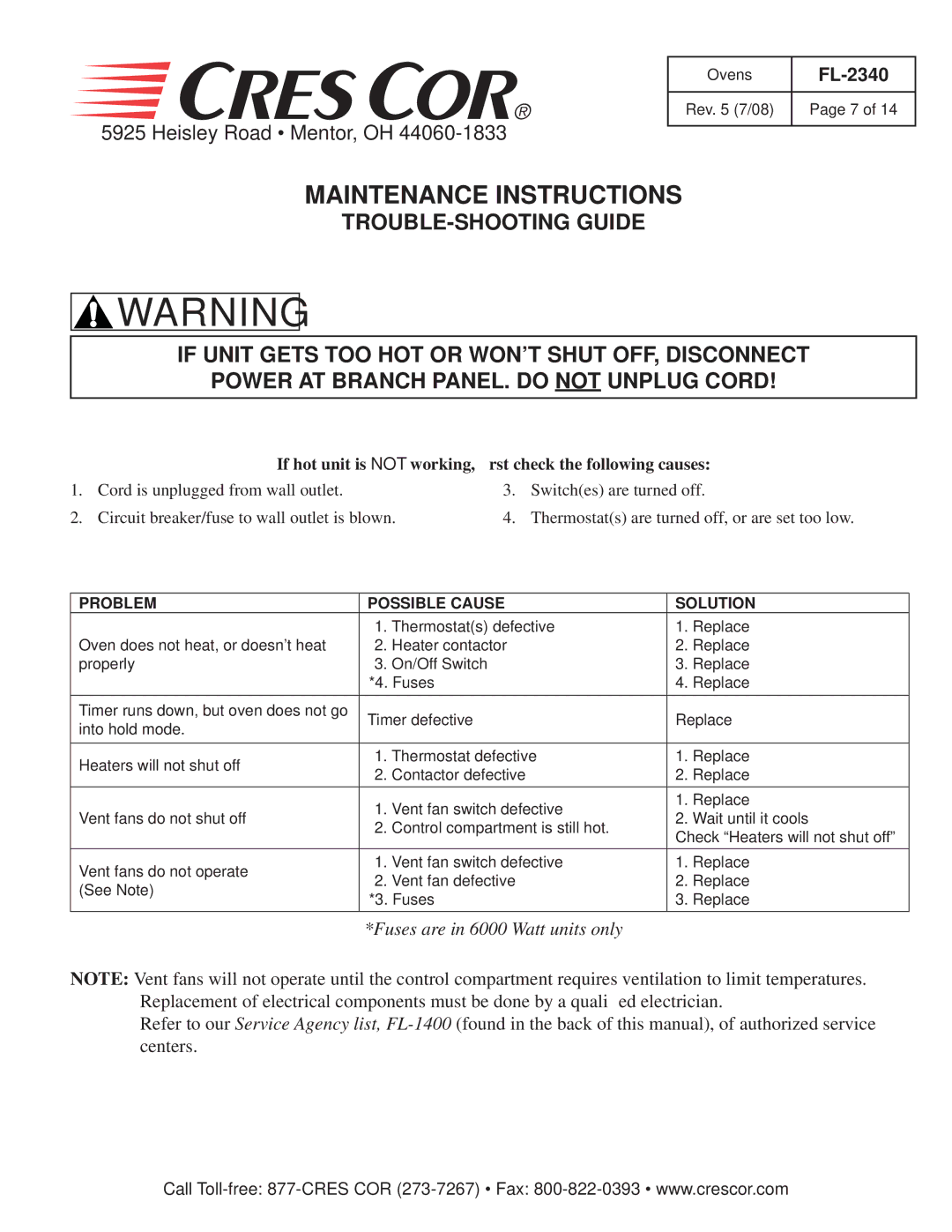 Cres Cor 1000-CH Series, 1000-CH-AL Maintenance Instructions, If hot unit is not working, ﬁrst check the following causes 