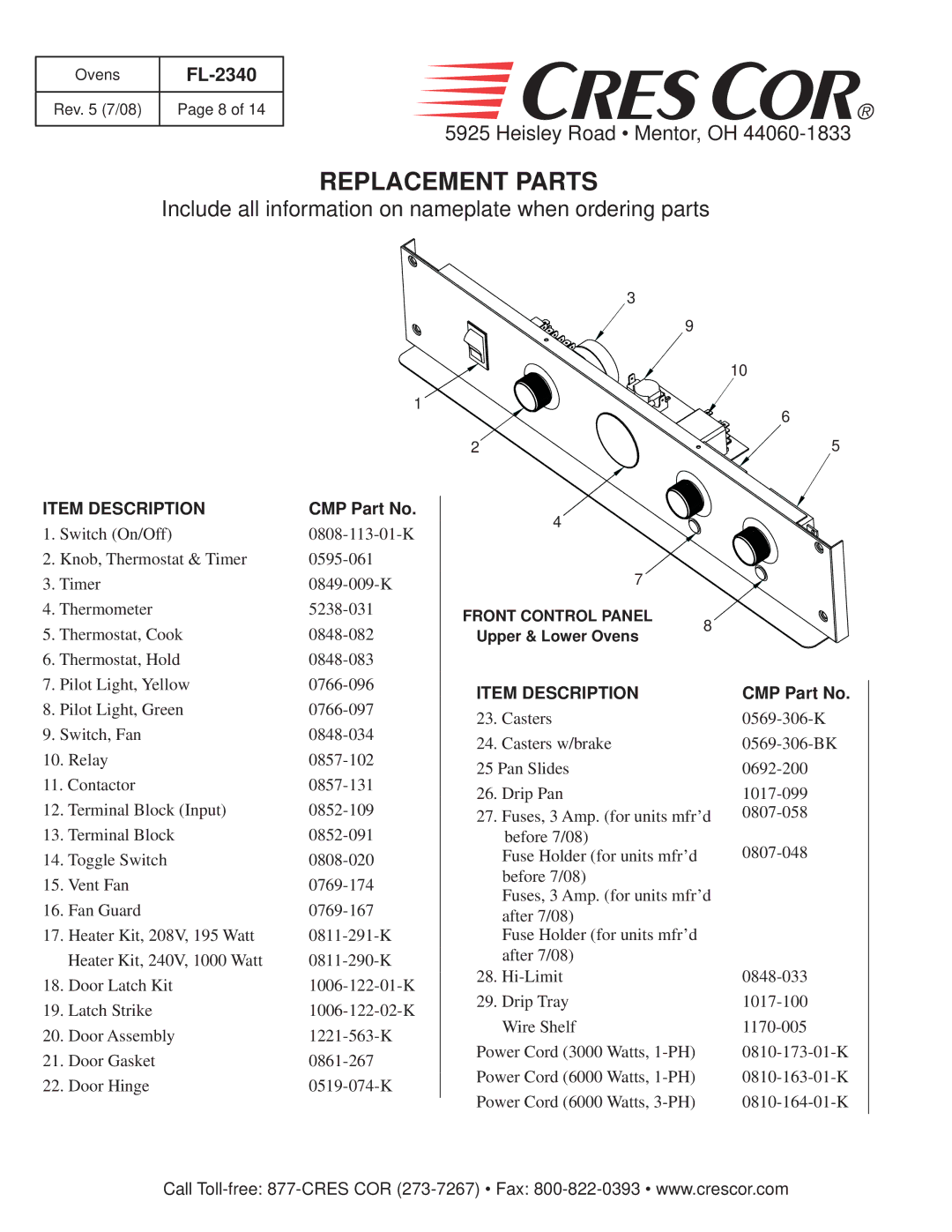 Cres Cor 1000-CH-SS-SPLIT, 1000-CH Series, 1000-CH-AL-SPLIT manual Replacement Parts, Front Control Panel 