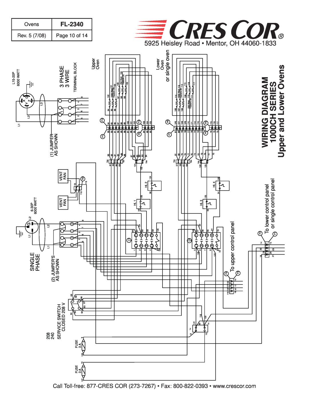 Cres Cor 1000-CH-AL Wiring Diagram, 1000CH SERIES, Upper and Lower Ovens, FL-2340, Single, Phase, Wire, or single oven 