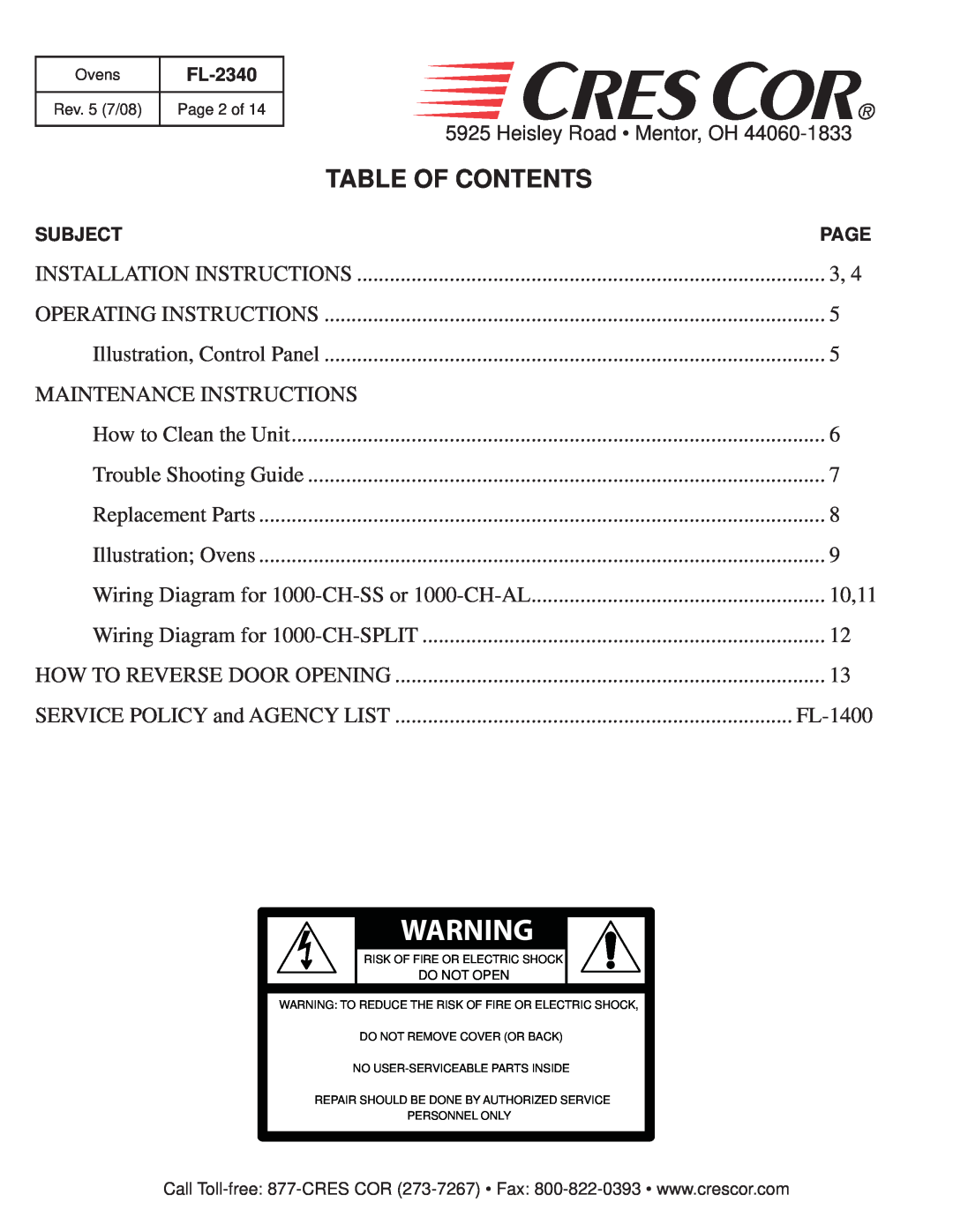 Cres Cor 1000-CH Series Table Of Contents, Subject, Page, Maintenance Instructions, 10,11, FL-1400, Operating Instructions 