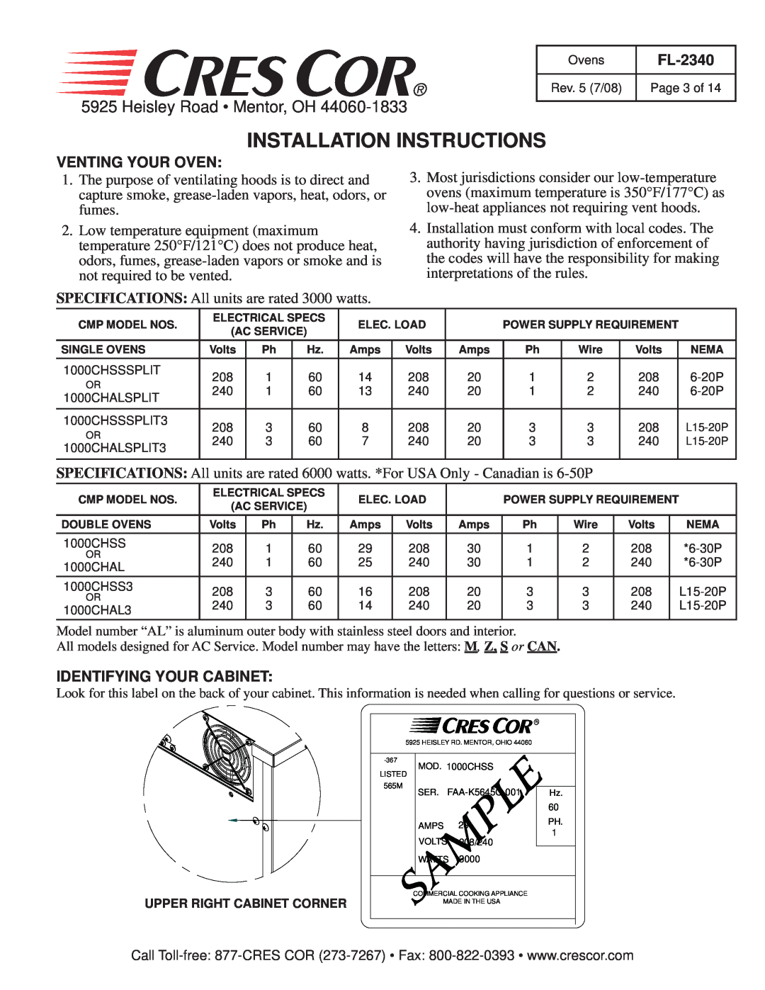 Cres Cor 1000-CH-SS-SPLIT Installation Instructions, Venting Your Oven, Identifying Your Cabinet, Heisley Road Mentor, OH 