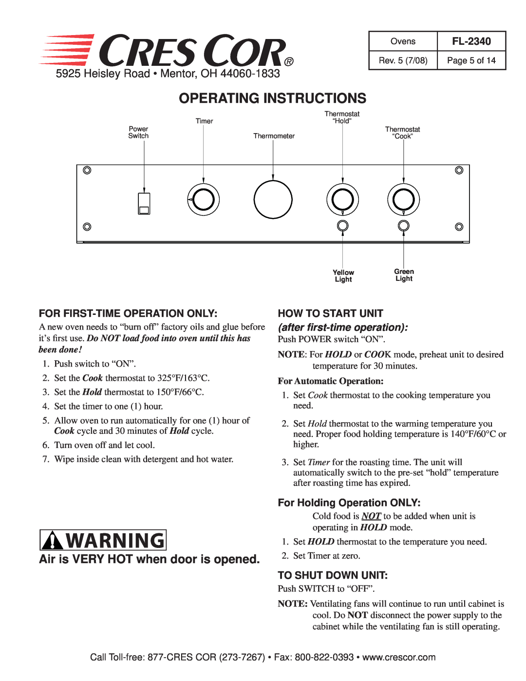 Cres Cor 1000-CH-AL Operating Instructions, Air is VERY HOT when door is opened, For First-Time Operation Only, FL-2340 