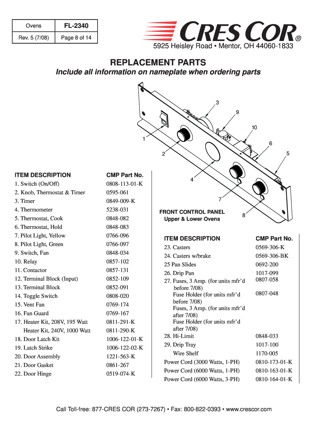 Cres Cor 1000-CH-SS-SPLIT, 1000-CH-AL Replacement Parts, Include all information on nameplate when ordering parts, FL-2340 