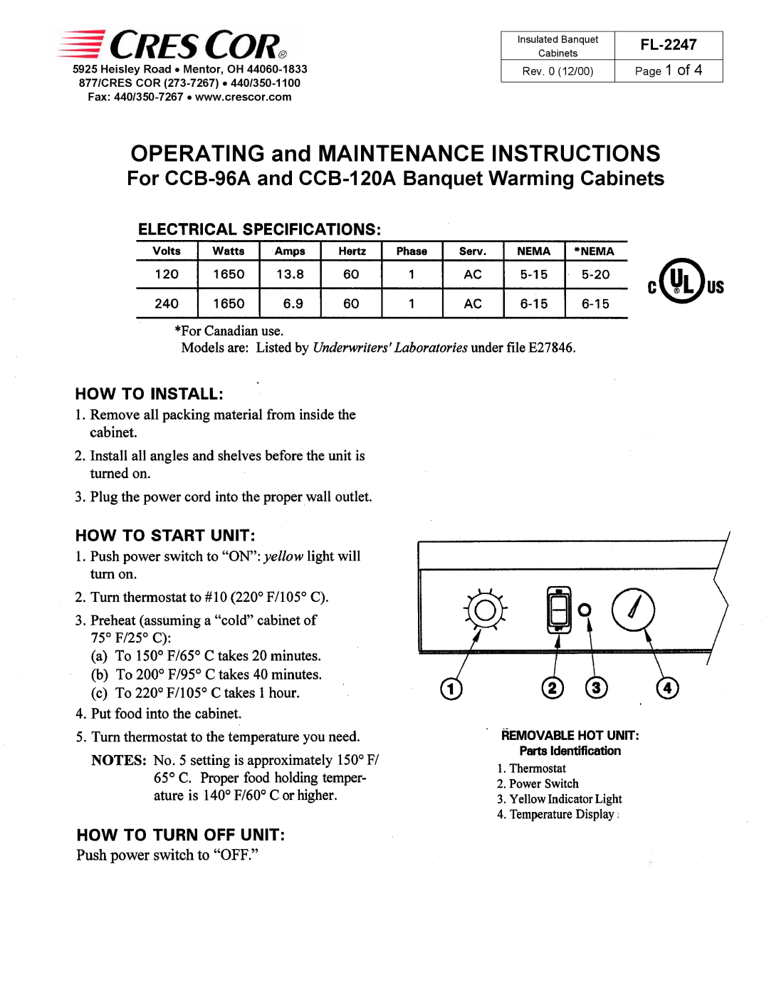 Cres Cor CCB-120A, CCB-96A manual Operating and Maintenance Instructions 