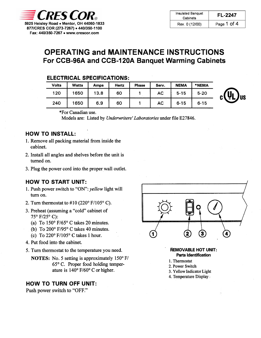 Cres Cor manual OPERATING and MAINTENANCE INSTRUCTIONS, For CCB-96Aand CCB-120ABanquet Warming Cabinets, FL-2247 