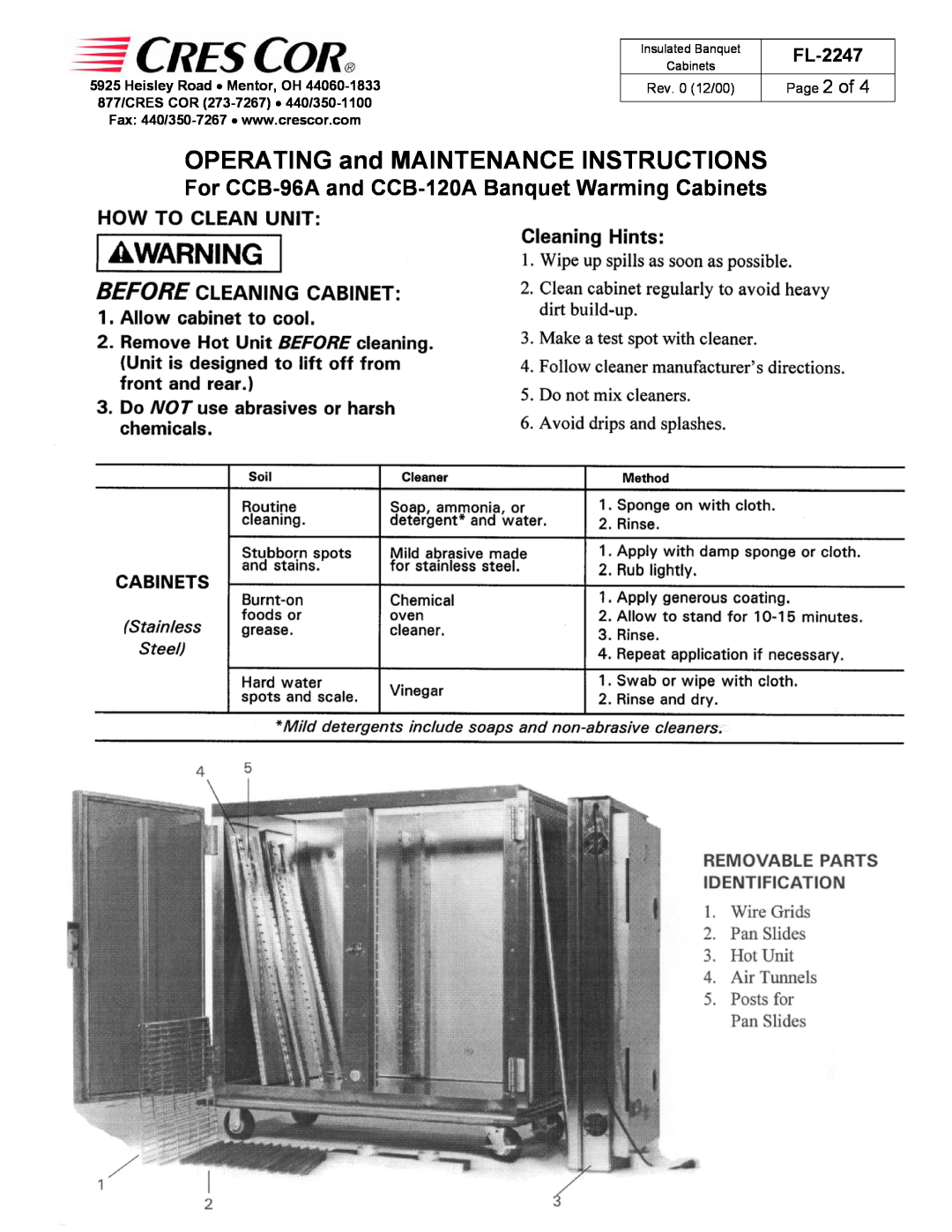 Cres Cor OPERATING and MAINTENANCE INSTRUCTIONS, Page 2 of, For CCB-96Aand CCB-120ABanquet Warming Cabinets, FL-2247 