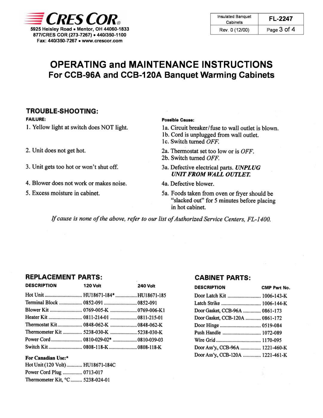 Cres Cor Page 3 of, OPERATING and MAINTENANCE INSTRUCTIONS, For CCB-96Aand CCB-120ABanquet Warming Cabinets, FL-2247 