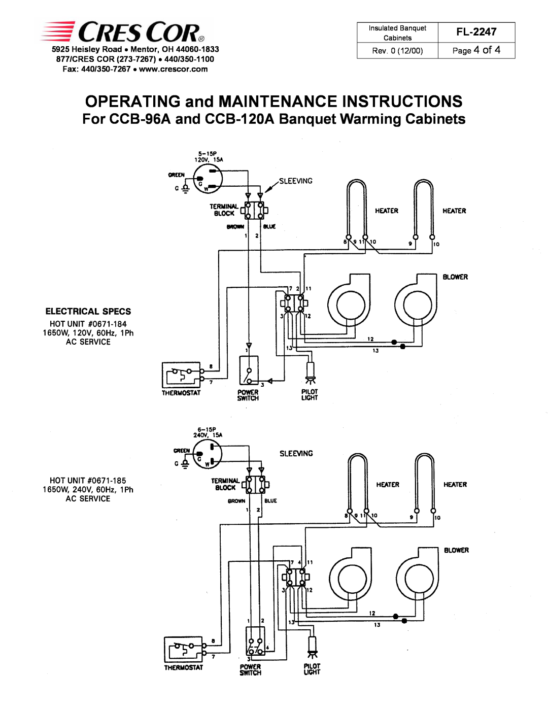 Cres Cor Page 4 of, OPERATING and MAINTENANCE INSTRUCTIONS, For CCB-96Aand CCB-120ABanquet Warming Cabinets, FL-2247 