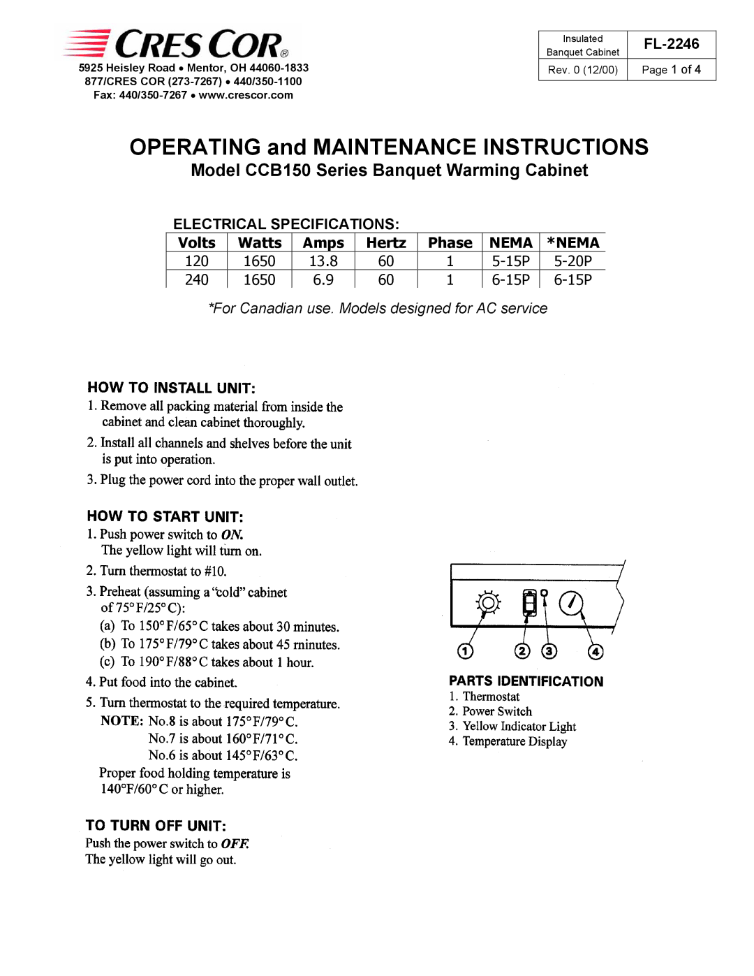 Cres Cor CCB150 Series specifications Operating and Maintenance Instructions 