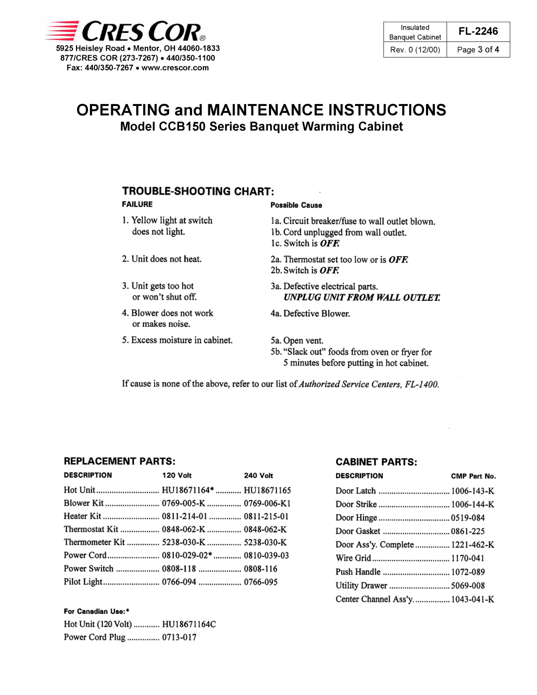 Cres Cor CCB150 Series specifications Rev 12/00 Page 3 