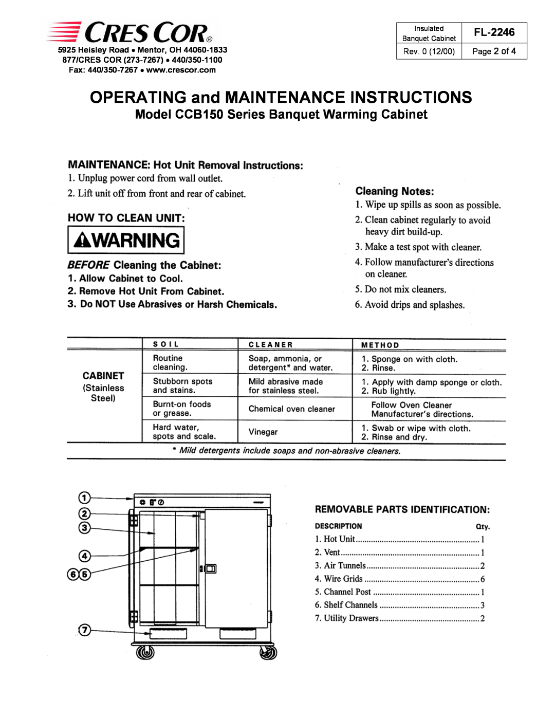 Cres Cor Rev. 0 12/00, OPERATING and MAINTENANCE INSTRUCTIONS, Model CCB150 Series Banquet Warming Cabinet 