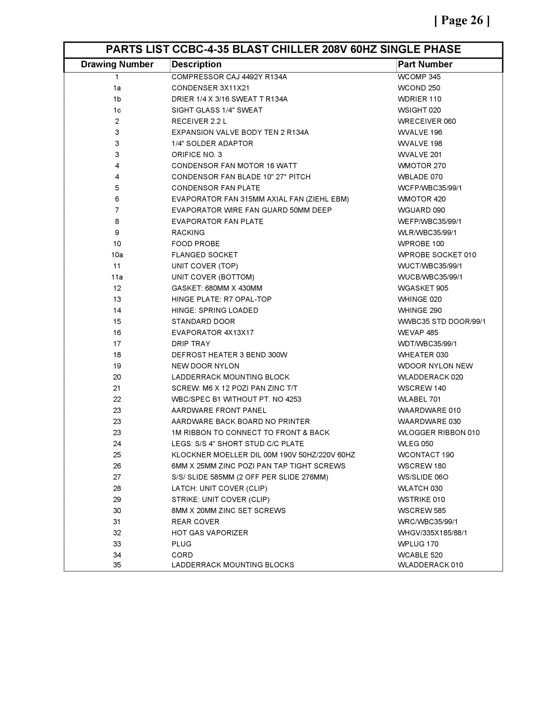 Cres Cor CCBC12-UA-100, CCBC-12-75 service manual Parts List CCBC-4-35 Blast Chiller 208V 60HZ Single Phase 